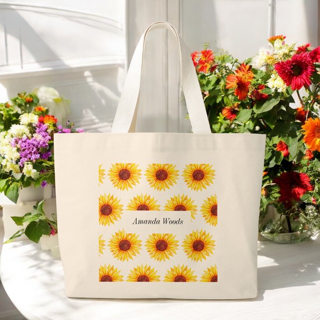 Grand Tote Bag Tournesol jaune Floral blanc (Créateur téléchargé)