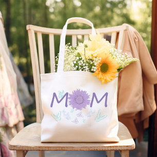 Grand Tote Bag Tournesol pourpre MOM Papillons d'aquarelle