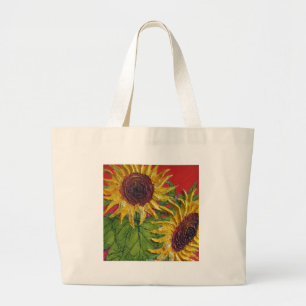Grand Tote Bag Tournesols jaunes sur le rouge