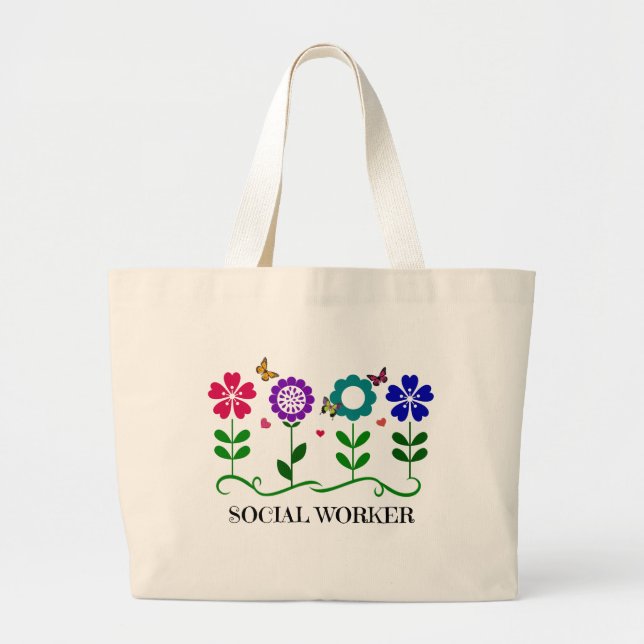 Grand Tote Bag Travailleur social...Fleurs, Coeurs et Papillons (Devant)