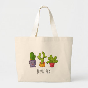 Grand Tote Bag Trois mignons cactus dans des pots de fleurs Illus