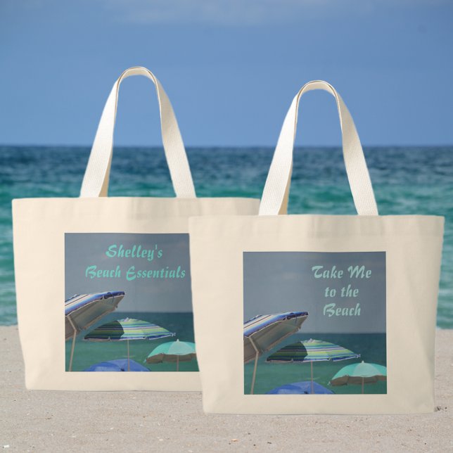 Grand Tote Bag Tropical Blue Seascape Umbrellas Beach Essentials (Créateur téléchargé)