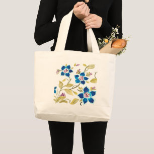 Grand Tote Bag Tuiles florales d'abbaye - fleurs bleues