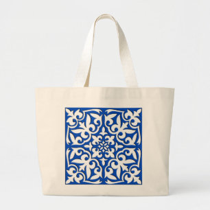 Grand Tote Bag Tuiles marocaines - bleu cobalt et blanc