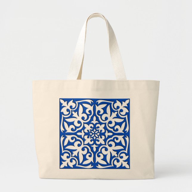 Grand Tote Bag Tuiles marocaines - bleu cobalt et blanc (Devant)