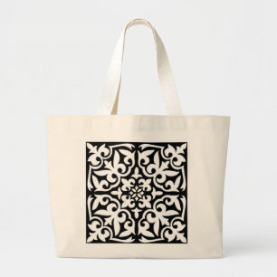 Grand Tote Bag Tuiles marocaines - noir avec arrière - plan blan