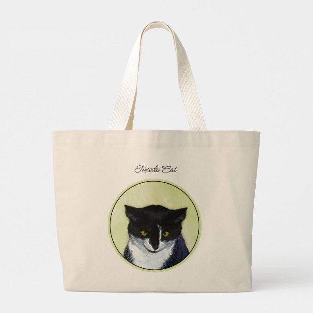 Grand Tote Bag Tuxedo Chat Portrait Peinture Cute Art Original (Dos)