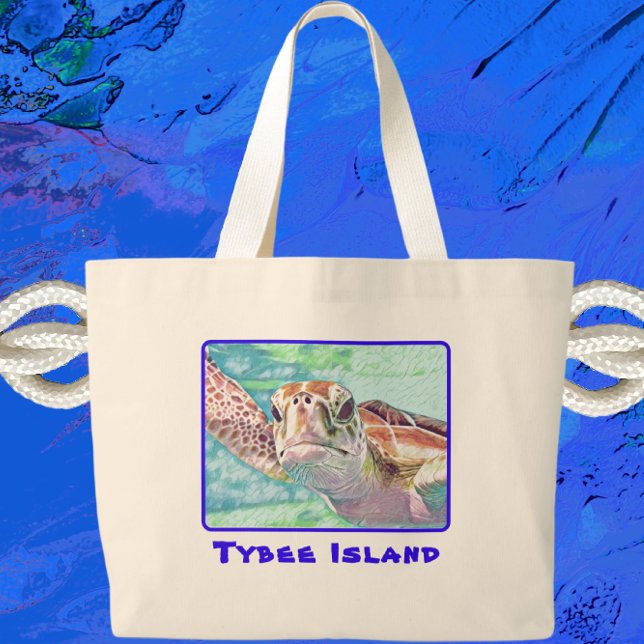 Grand Tote Bag Tybee Island Géorgie Aquarelle Tortue de mer (Créateur téléchargé)