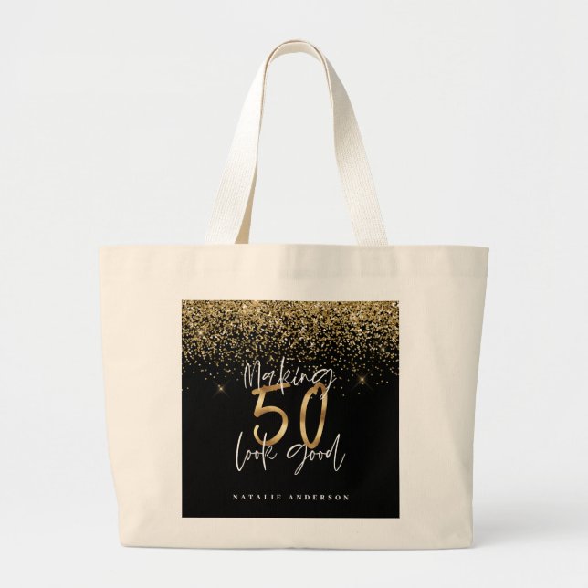 Grand Tote Bag Typographie moderne or parties scintillant chic 50 (Devant)