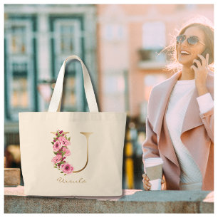 Grand Tote Bag U Lettre or Monogramme rose magenta Floral