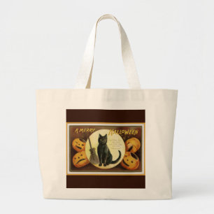 Grand Tote Bag Un joyeux Halloween Vintage Chat noir et Citrouill