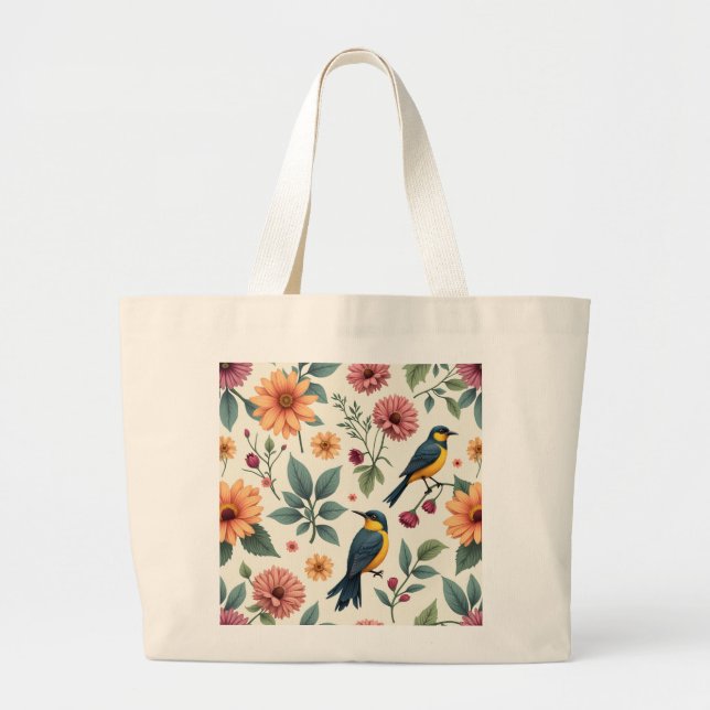 Grand Tote Bag une image de jolies fleurs et oiseaux (Devant)