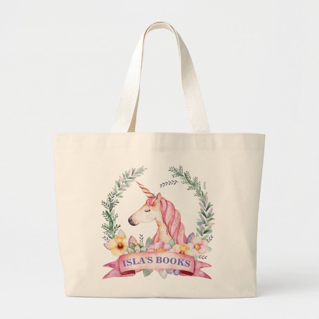 Grand Tote Bag Unicorne magique avec florale Bac de bibliothèque  (Devant)