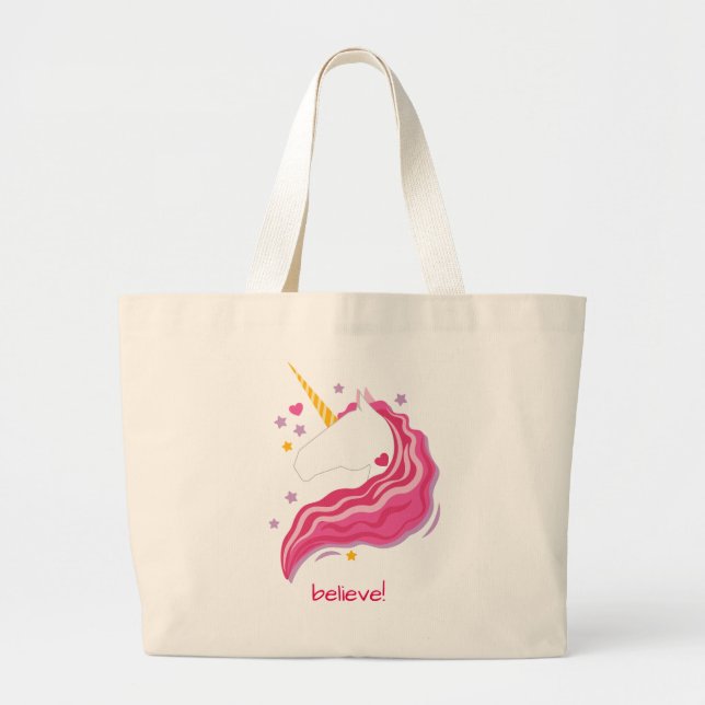 Grand Tote Bag Unicorne magique rose personnalisée (Devant)