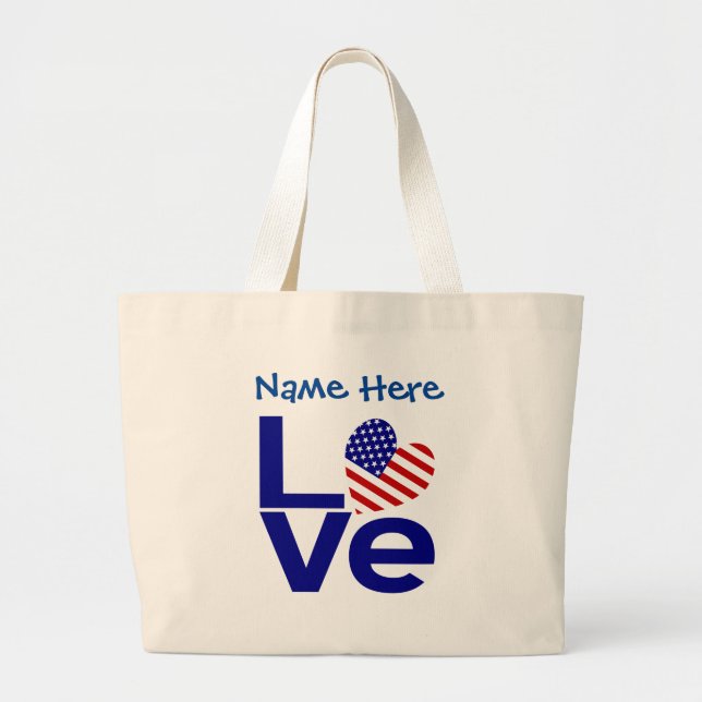 Grand Tote Bag USA Love Drapeau en bleu Personnalisé (Devant)