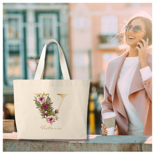 Grand Tote Bag V Lettre or Monogramme Marsala Flore blanche