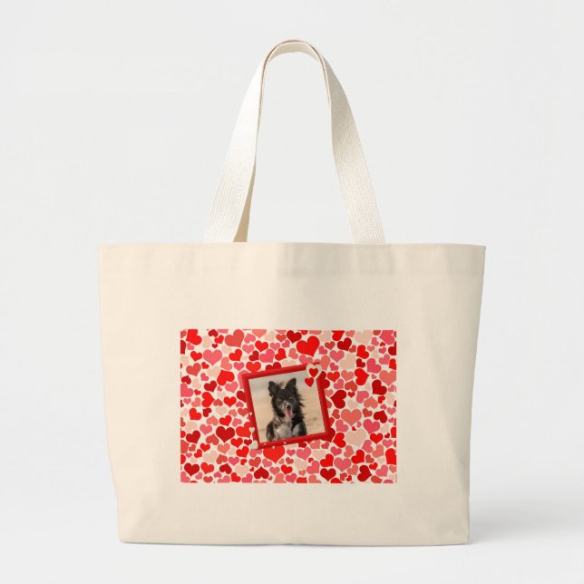 Grand Tote Bag Valentines Frontière Collie Coeurs de chien (Devant)