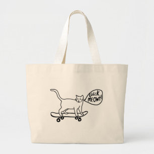 Grand Tote Bag Vérifier Meowt Punny Skateboard Chat noir blanc