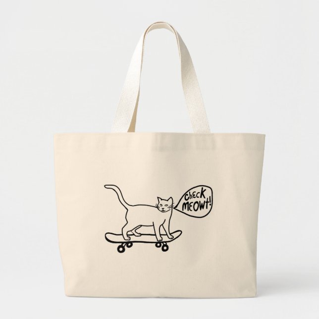 Grand Tote Bag Vérifier Meowt Punny Skateboard Chat noir blanc (Devant)