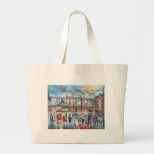 Grand Tote Bag Vieille peinture à l'huile de train de viaduc de