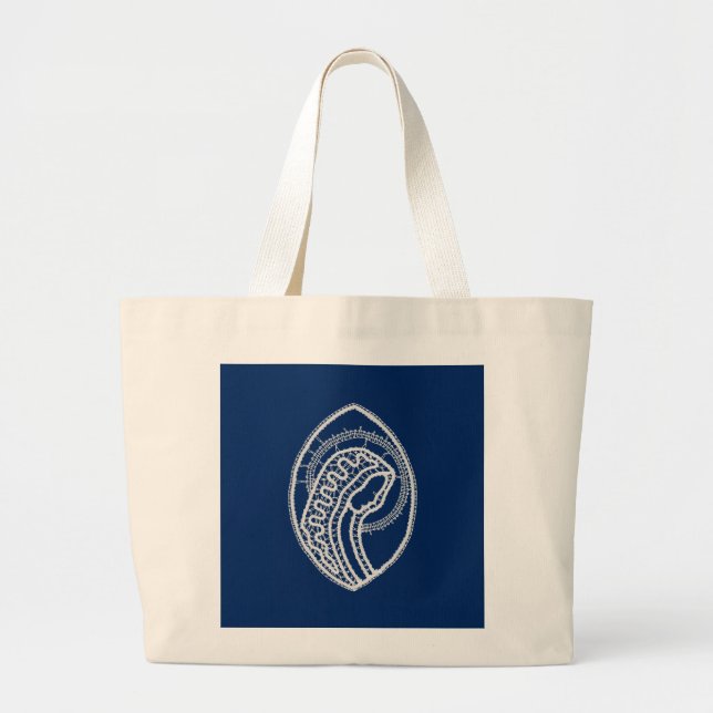 Grand Tote Bag Vierge Marie, dentelle blanche, bleu marine (Devant)