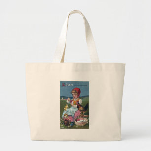 Grand Tote Bag Vintage Fille de Pâques Peinture Oeuf Avec Poulets