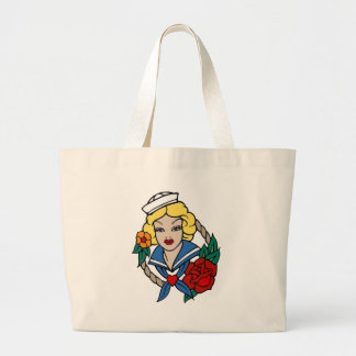 Grand Tote Bag Vintage fille de voile avec Rose tatouage Art