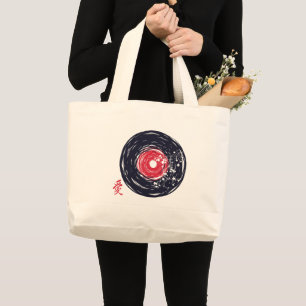 Grand Tote Bag Vinyl Record Retro Grunge Avec Les Blossoms Sakura