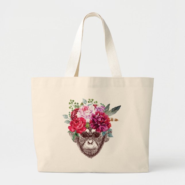 Grand Tote Bag Visage de singe de fleur (Devant)