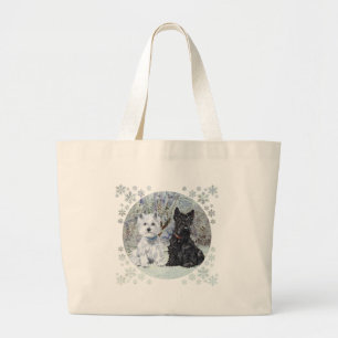Grand Tote Bag Westie et Scottie dans le paysage enneigé
