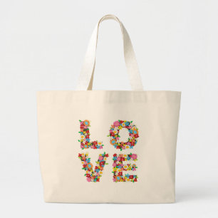 Grand Tote Bag Whimsical LOVE Fleurs de printemps Jardin Colorful