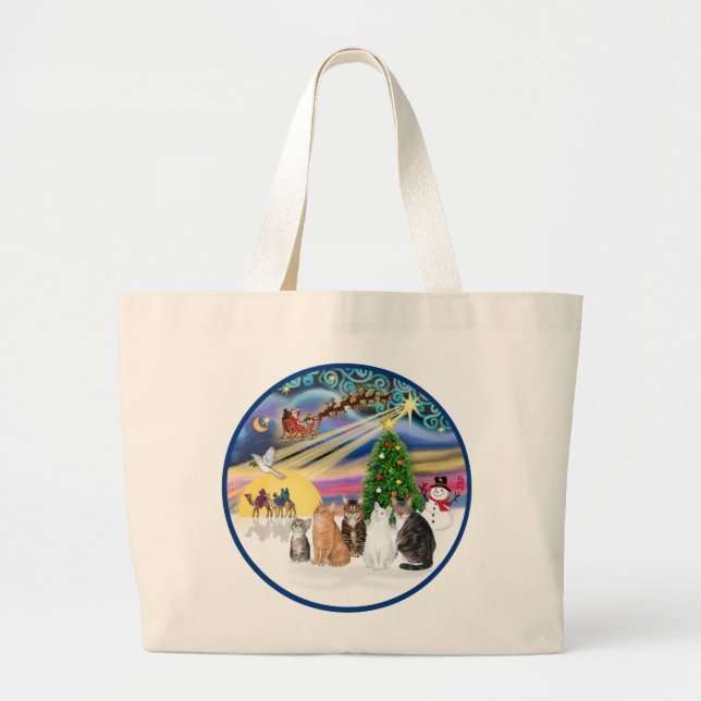 Grand Tote Bag Xmas Magic (R) - Cinq chats (Fr) (Devant)