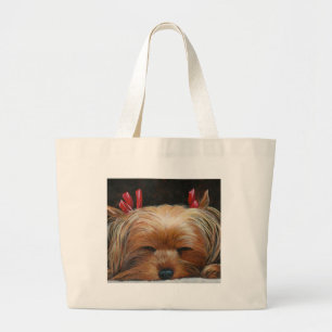 Grand Tote Bag Yorkie endormi avec des vaches et des cadeaux d'ar