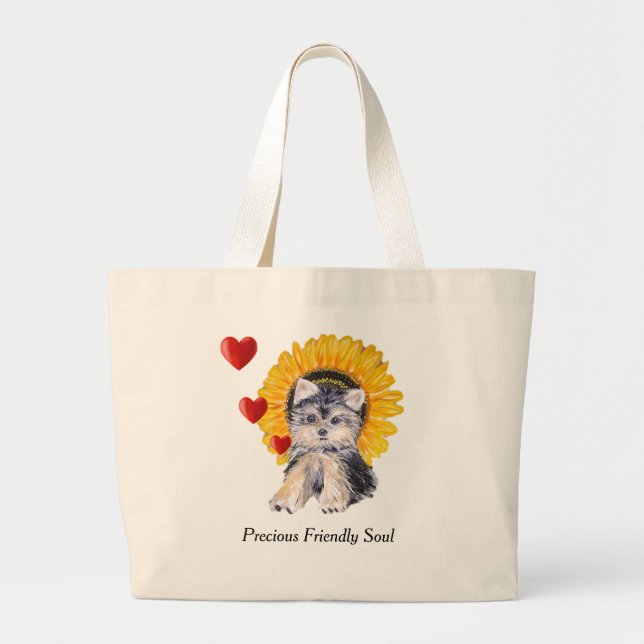Grand Tote Bag Yorkshire Terrier chiot chien, coeurs et tournesol (Devant)