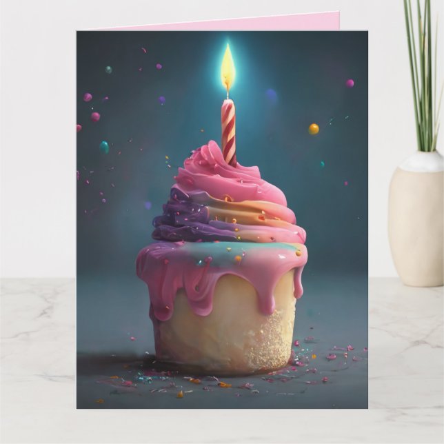 GRANDE CARTE D'ANNIVERSAIRE ROSE CUPCAKE CANDLE (Devant)