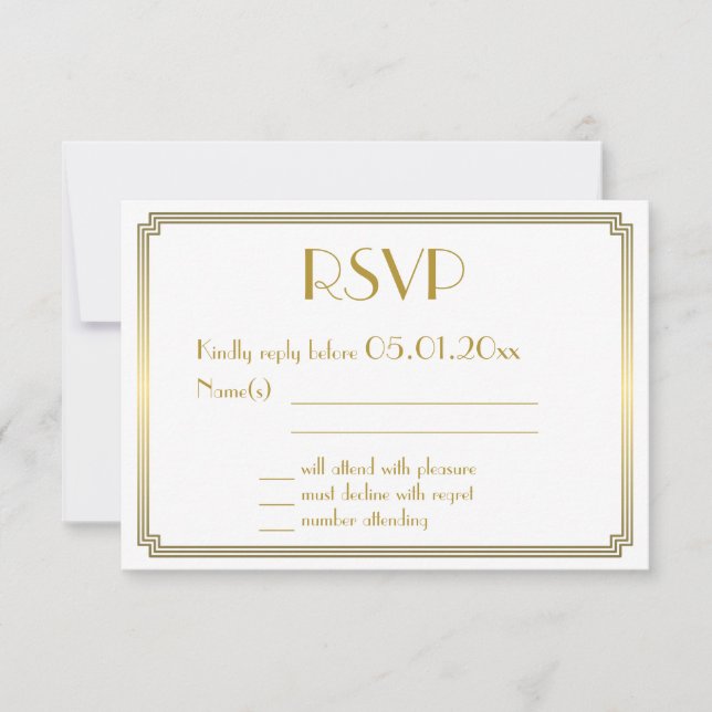 Grande Carte RSVP Gatsby Art Déco White Gold Weddi (Devant)