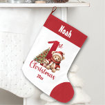Grande Chaussette De Noël 1er Noël Teddy Bear Baby Boy Nom rouge<br><div class="desc">1er Noël Stocking for a baby boy with cute Christmas teddy bear with Santa hat,  Christmas tree and big red number one. Personnalisez facilement le nom et l'année. - Kate Eden Art</div>