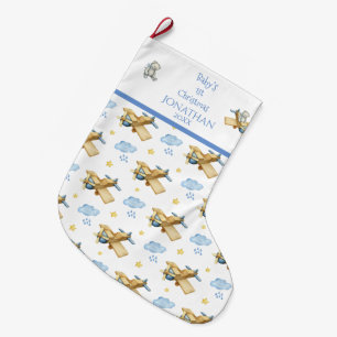 Grande Chaussette De Noël 1ère Aquarelle de Noël du bébé pour lui Bleu