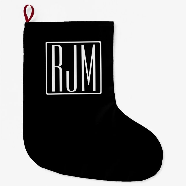 Grande Chaussette De Noël 3 Initiales Monogramme | Noir et blanc (Devant)
