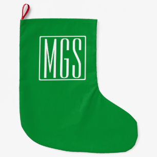 Grande Chaussette De Noël 3 Initiales Monogramme   Vert et blanc