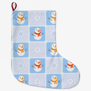 Grande Chaussette De Noël À damiers hiver bonhomme de neige motif et flocons