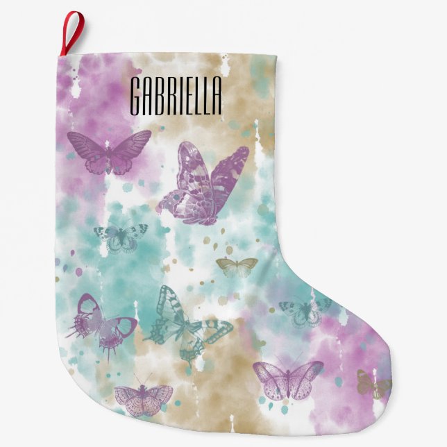 Grande Chaussette De Noël Abrégé sur papillons d'aquarelle personnalisé (Devant)