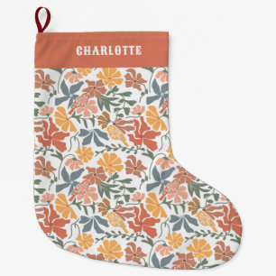 Grande Chaussette De Noël Abstrait Floral & Oiseaux Mid Century Nom moderne