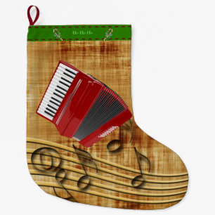 Grande Chaussette De Noël Accordéon rouge, notes noires, arrière - plan or