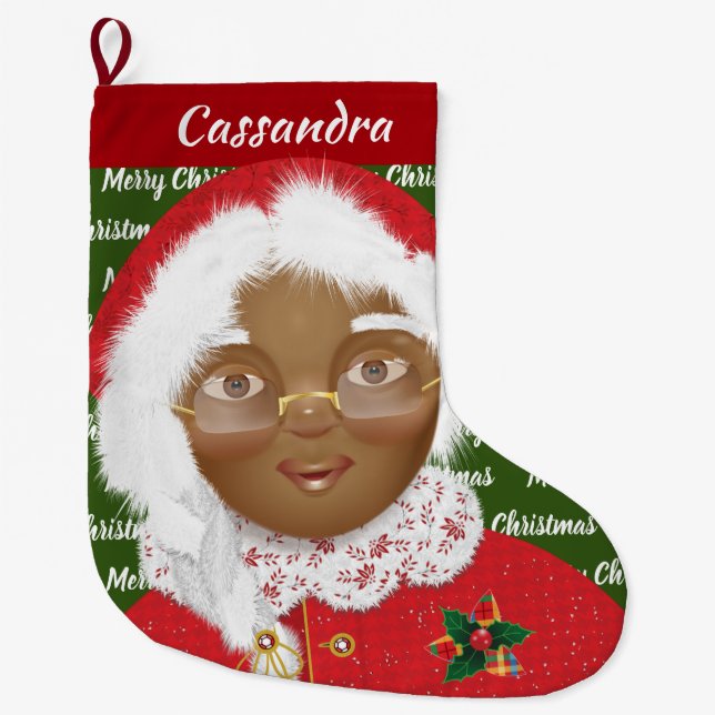 Grande Chaussette De Noël Afro-Américaine Mme Claus Fête de Noël (Devant)