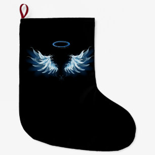 Grande Chaussette De Noël Ailes d'ange lumineuses bleues sur fond noir
