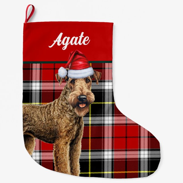 Grande Chaussette De Noël Airedale Terrier Chien mignon Plaid Christmas Stoc (Devant)