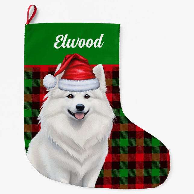 Grande Chaussette De Noël American Eskimo Dog Plaid avec nom (Devant)
