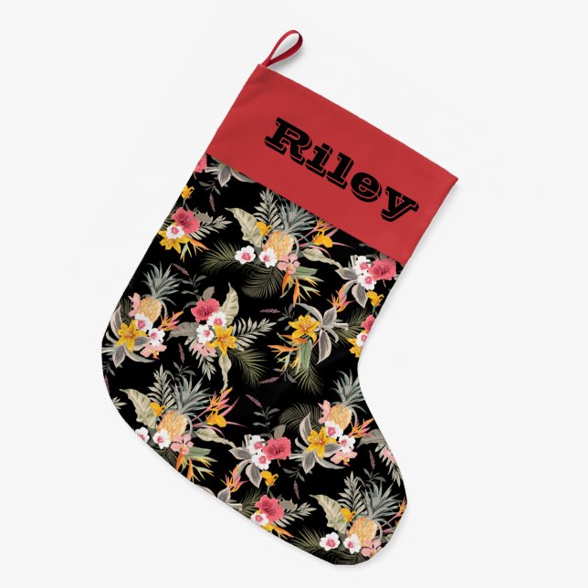 Grande Chaussette De Noël Ananas Flore tropicale sur Noir (Devant (Accrochage))