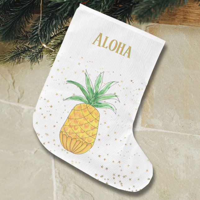 Grande Chaussette De Noël Ananas Tropical Gold Stars Aloha Nom (Créateur téléchargé)